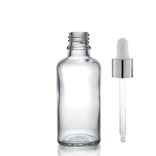50ml şeffaf cam damlalıklı, 50 adet, Gümüş Kapak Beyaz Emzik, Ecza şişesi, Damlalıklı şişe, propolis şişesi, damlatmalı şişe, saç serum şişesi, ecza şişesi