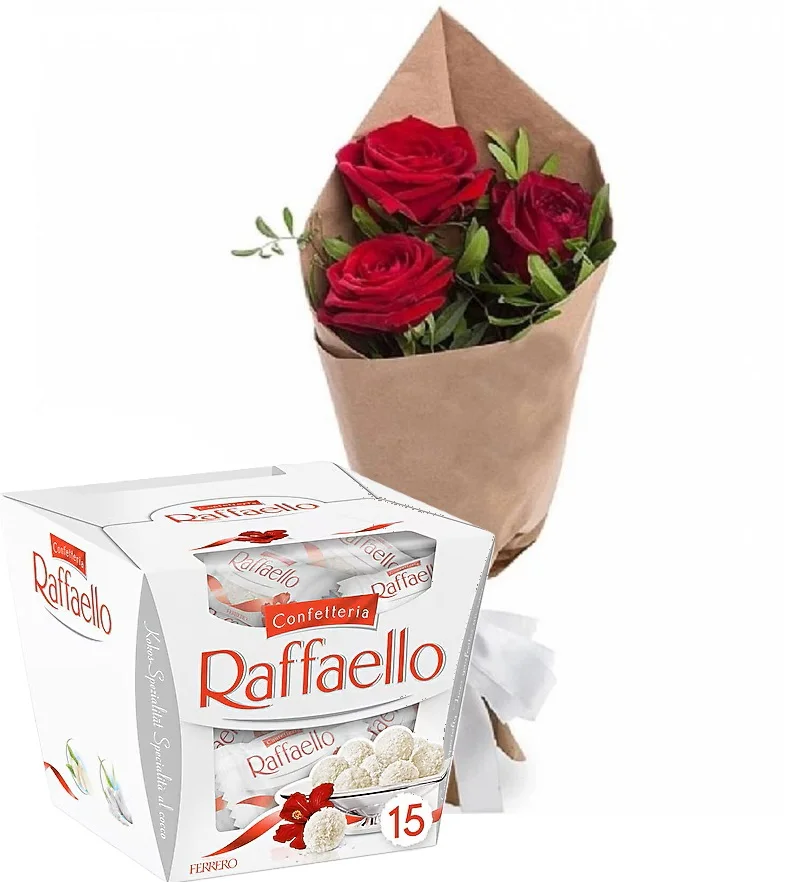 3 KIRMIZI Güller Raffaello Çikolata