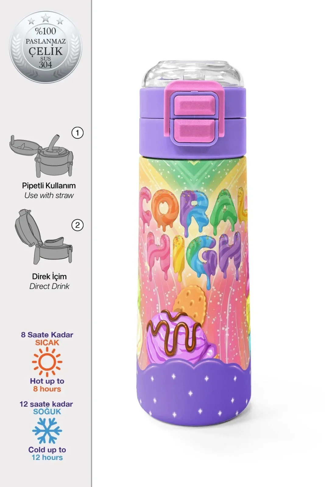 Kids Milka Dondurma Desenli Pipetli ve Direkt İçim Çelik Termos