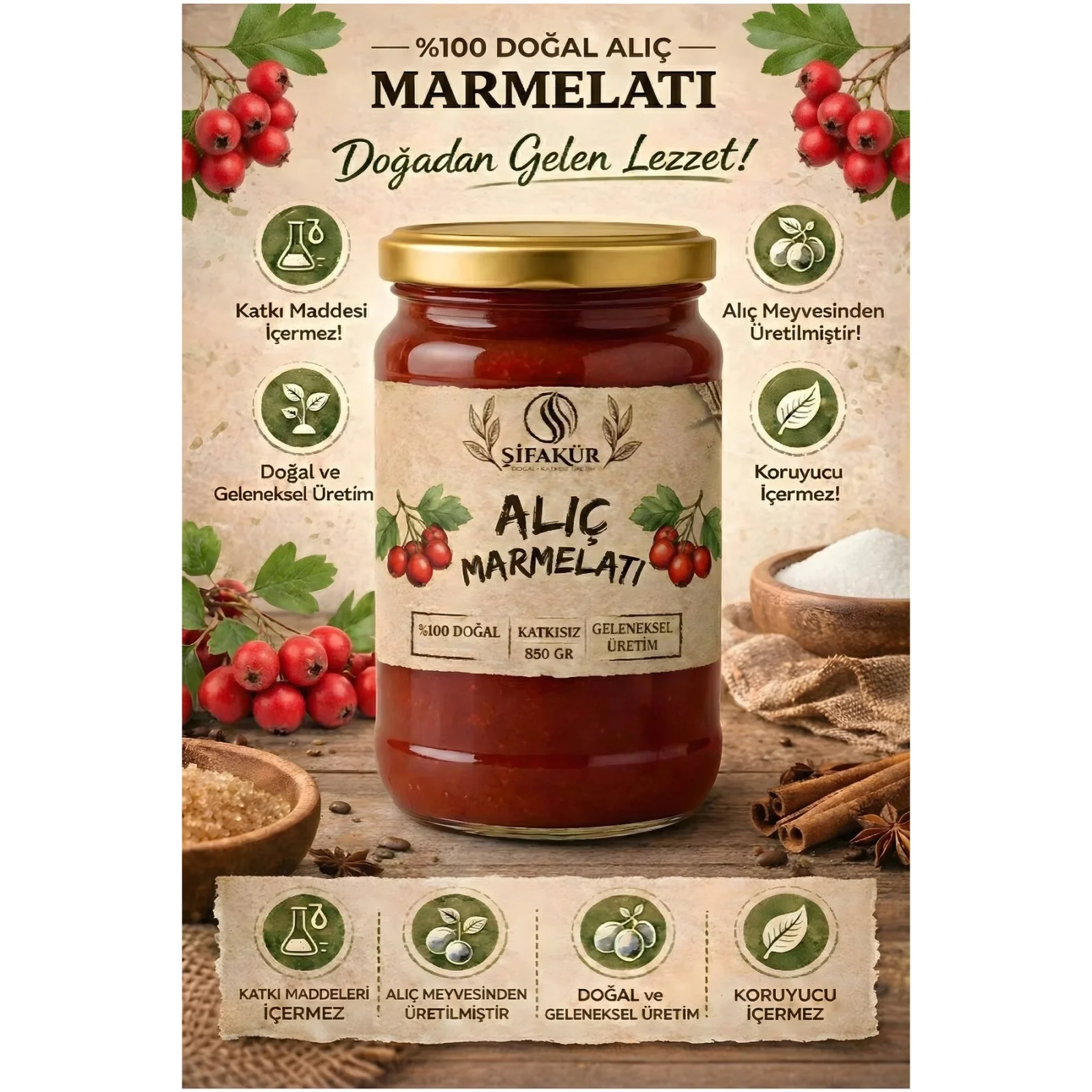 Şifakür Alıç Marmelatı Şeker İlavesiz Katkısız Doğal Kahvaltılık 850g
