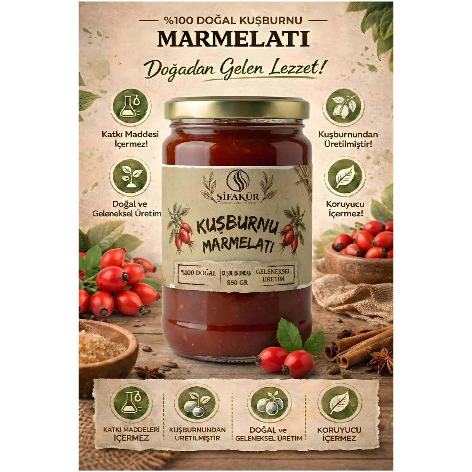 Şifakür Kuşburnu Marmelatı Katkısız Şeker İlavesiz Doğal Kahvaltılık 850g
