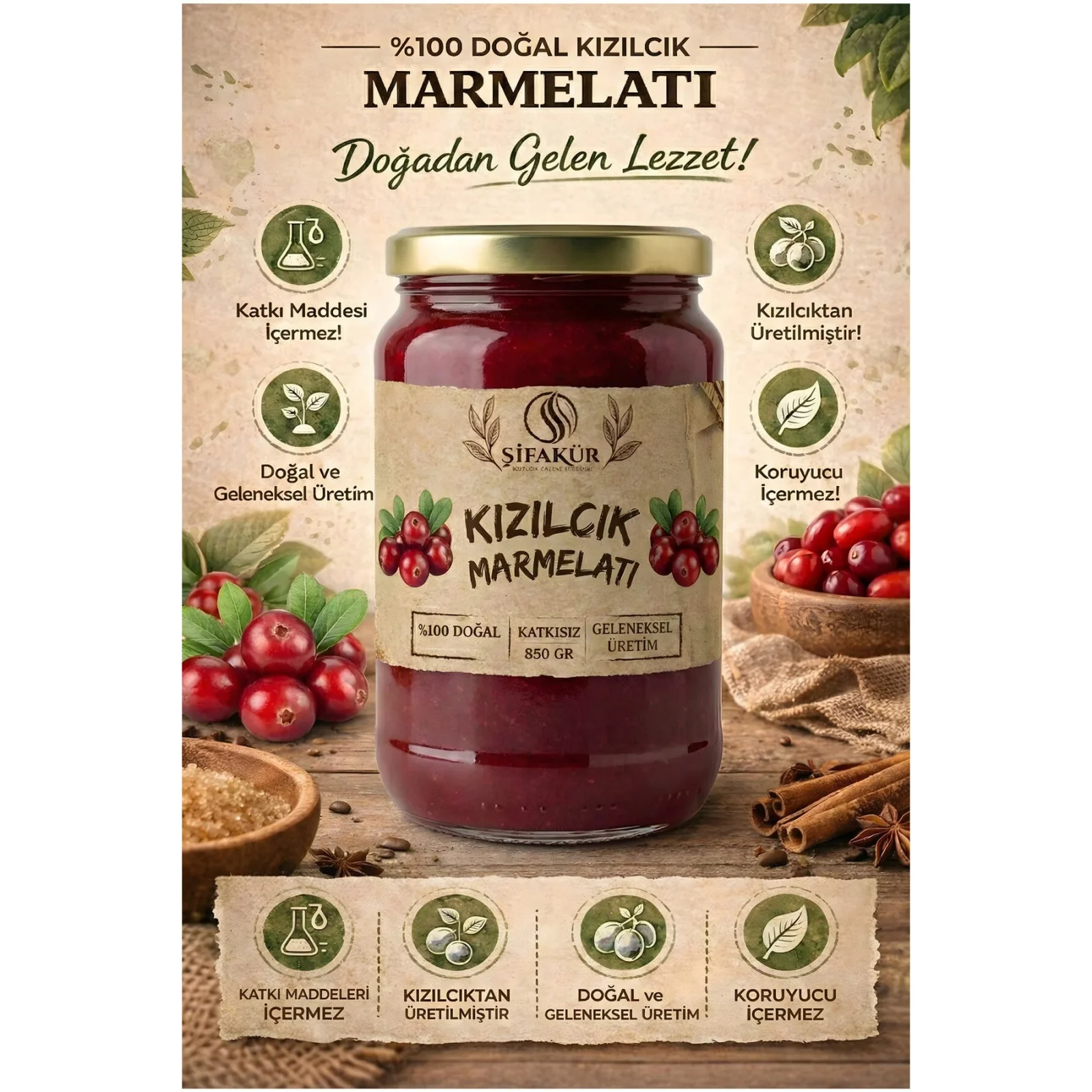 Şifakür Kızılcık Marmelatı Şeker İlavesiz Doğal Geleneksel Kahvaltılık 850g