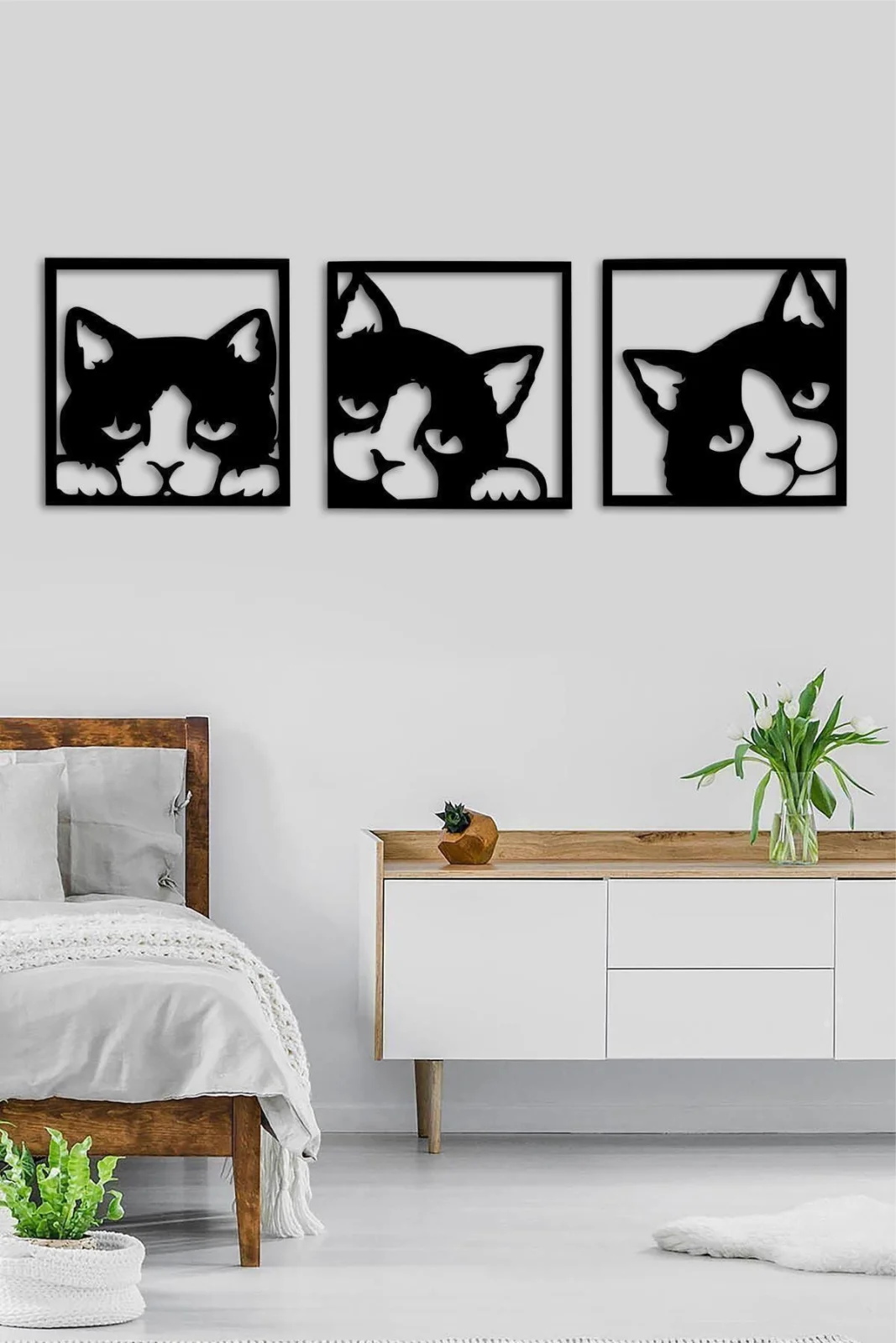 Kedi Temalı 3 Parçalı Mdf Ahşap Duvar Dekorasyonu
